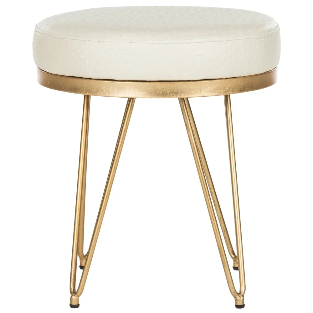 Mid-Century Round Faux Ostrich Bench Cream Upholstered Gold Frame Indoor Seating Durable Cushioned Accent Furniture 275 lbs