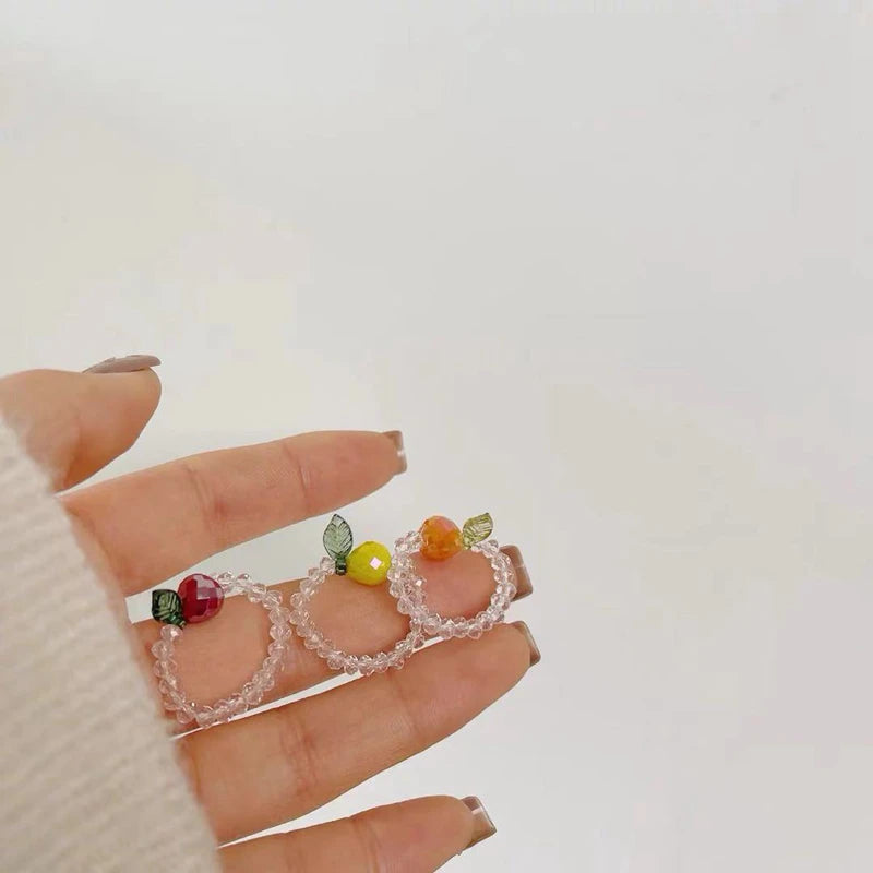 Korean Fruit Elastic Crystal Rings Colorful Cute Ins Style Simple Design Fruit Beads Ring Wholesale Women Jewelry for Girls