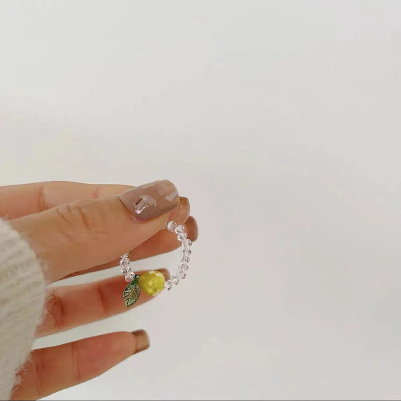Korean Fruit Elastic Crystal Rings Colorful Cute Ins Style Simple Design Fruit Beads Ring Wholesale Women Jewelry for Girls