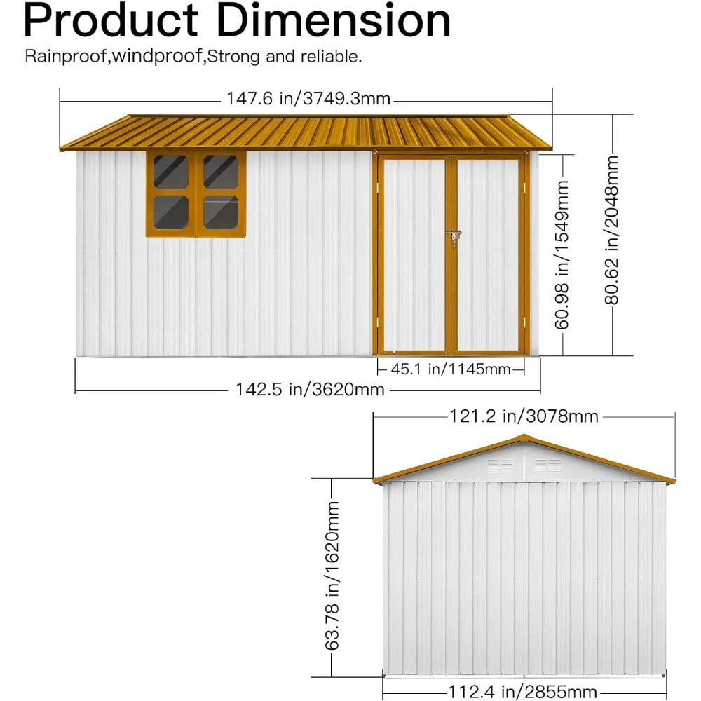 Large Outdoor Metal Storage Shed with 4-Pane Window, Lockable Door, and 4 Air Vents