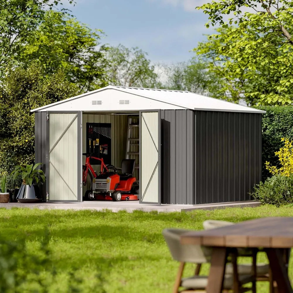 Large Outdoor Storage Shed - 10x8 Feet Metal Garden Tool Shelter with Sloping Roof and Double Lockable Entrance