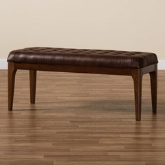 Mid-Century Modern Upholstered Dining Bench Solid Rubberwood Foam Padding Faux Leather Tapered Legs Indoor Assembly Required