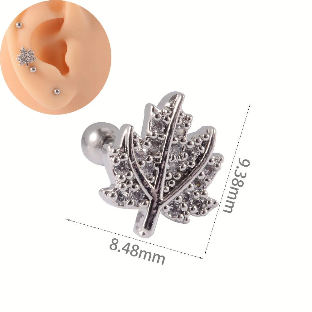 1Pc Stainless Steel Wolf Ear Tragus Cartilage Stud CZ Gem Leaf Rainbow Snake Barbell Helix Earring Lobe Studs Piercing Jewelry