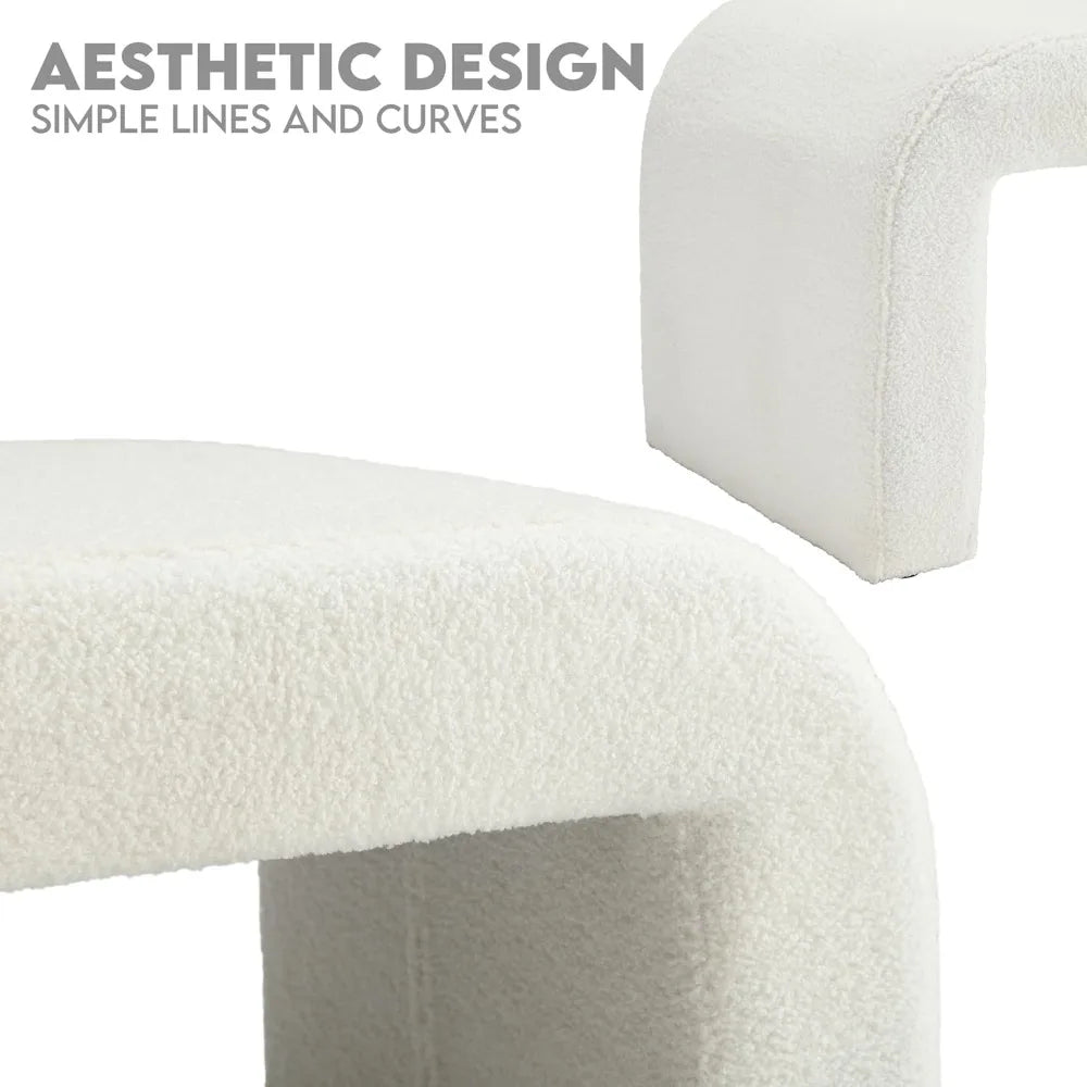 White Modern Boucle Bench Set of 1, Rectangular Sherpa Entryway Bench, Upholstered Ottoman, Indoor Bench Footrest