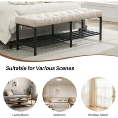 55.5" End of Bed Bench, Modern Chenille Button Tufted Bedroom Bench, Upholstered Storage Shoe Bench with Metal Base, Dinning Tab