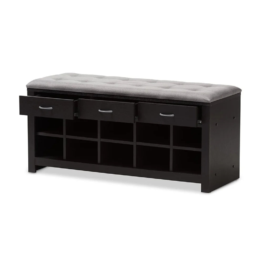Contemporary Entryway Bench with Shoe Storage Cushioned Seat and Drawers Foam Padded Gray Fabric Upholstered Indoor Furniture