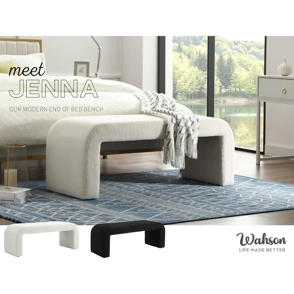 White Modern Boucle Bench Set of 1, Rectangular Sherpa Entryway Bench, Upholstered Ottoman, Indoor Bench Footrest