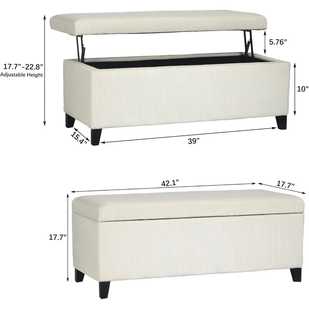 Lift Top Storage Ottoman Bench, 42 inch Beige Rectangular Ottoman, Corduroy Fabric Upholstered Storage Bench for LivingRoom