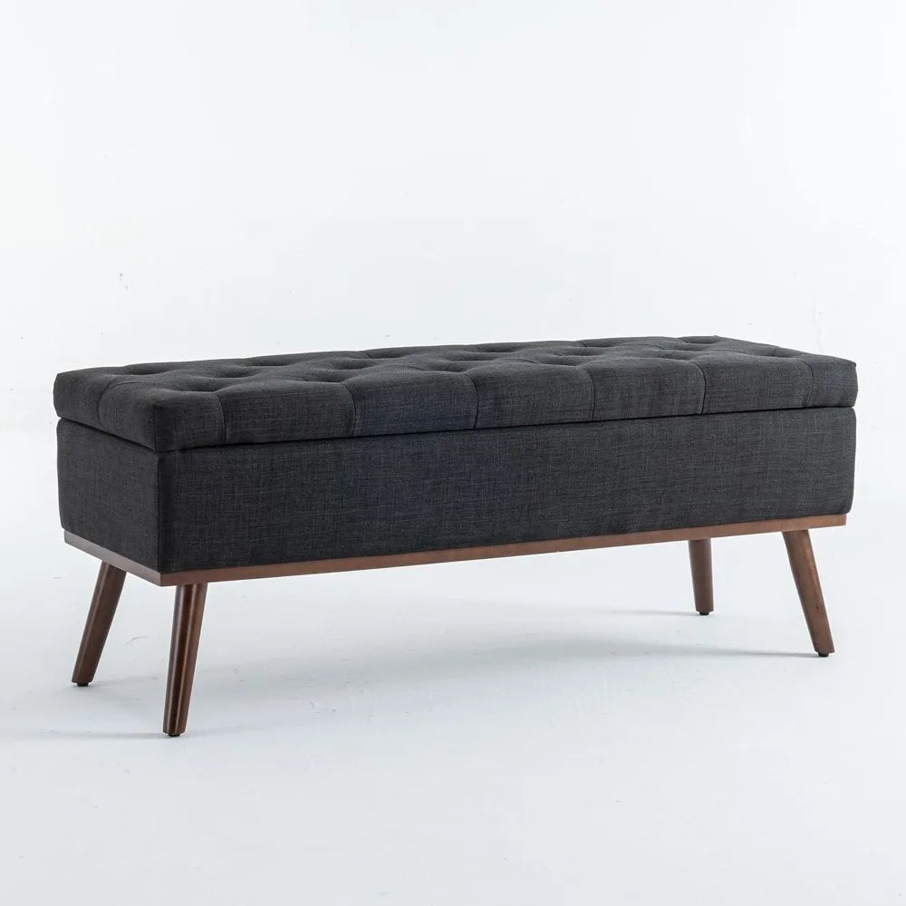 45.5" Tufted Storage Ottoman - Mid-Century Modern Bench with Safety Hinge & Wood Legs