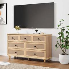7 Drawer Dresser for Bedroom, Mid Century Modern Wide Wood Rustic Chest of Drawers Wooden Storage Organizer Dressers