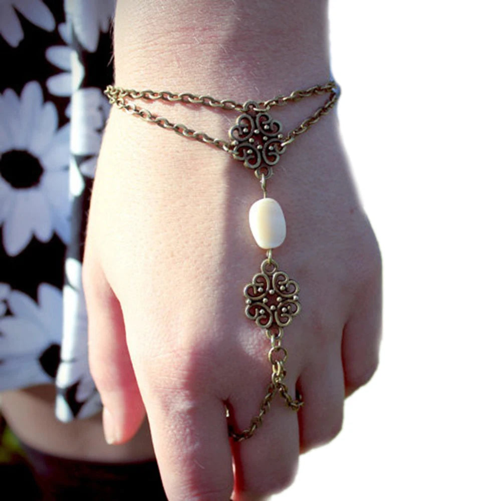Asymmetric Turquoise Bracelet Finger Ring Lucky Harness Slave Hand Chain Cute