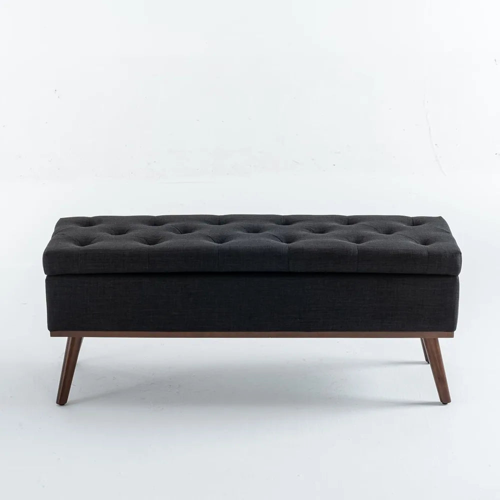 45.5" Tufted Storage Ottoman - Mid-Century Modern Bench with Safety Hinge & Wood Legs