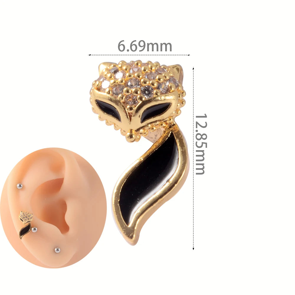 1Pc Stainless Steel Wolf Ear Tragus Cartilage Stud CZ Gem Leaf Rainbow Snake Barbell Helix Earring Lobe Studs Piercing Jewelry