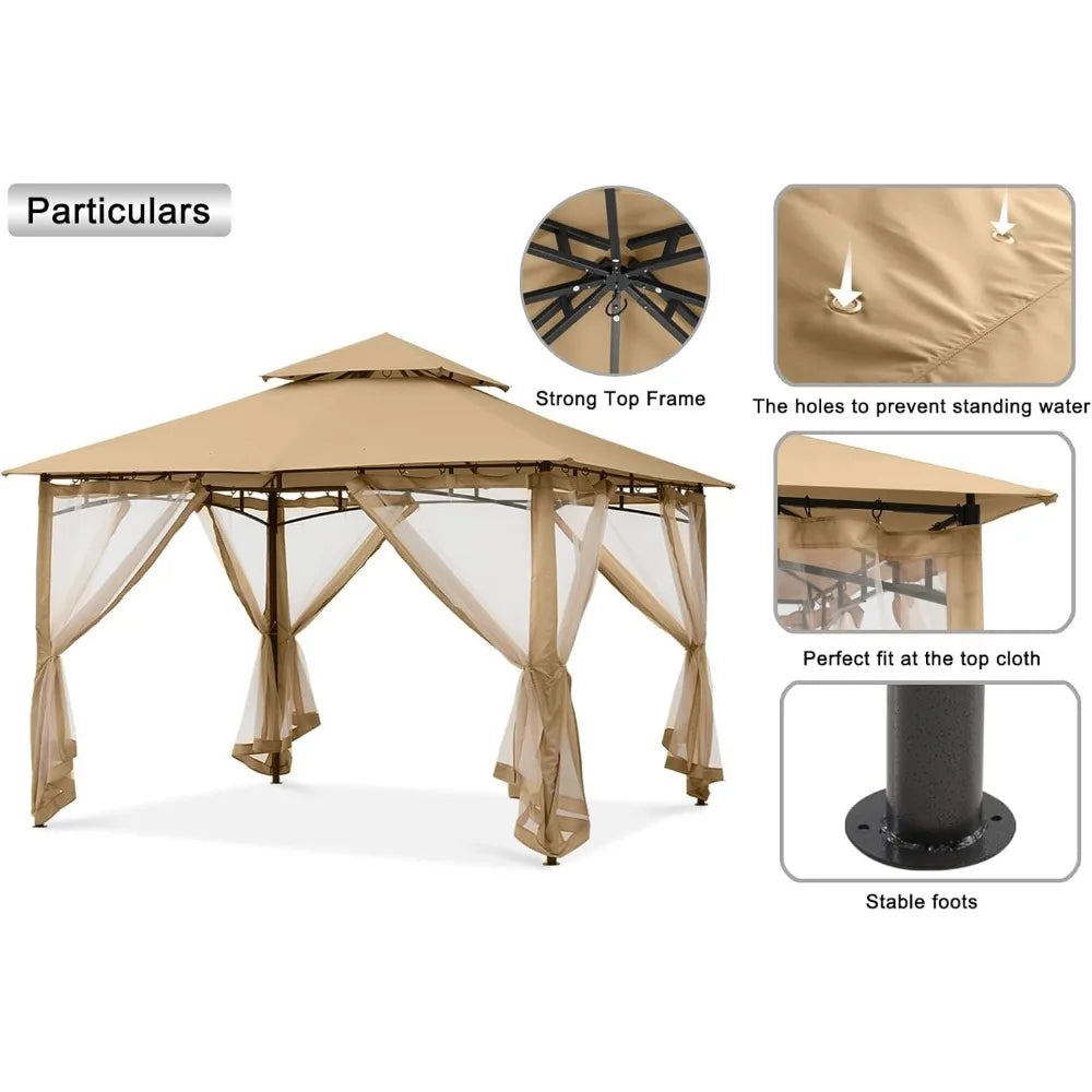 Outdoor Garden Gazebo for Patios with Stable Steel Frame and Netting Walls (10x12,Beige)