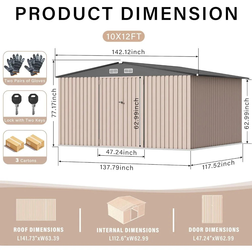 Outdoor Metal Storage Sheds: 10x12 FT Lockable Tool Shed Kit for Yard and Garden Use