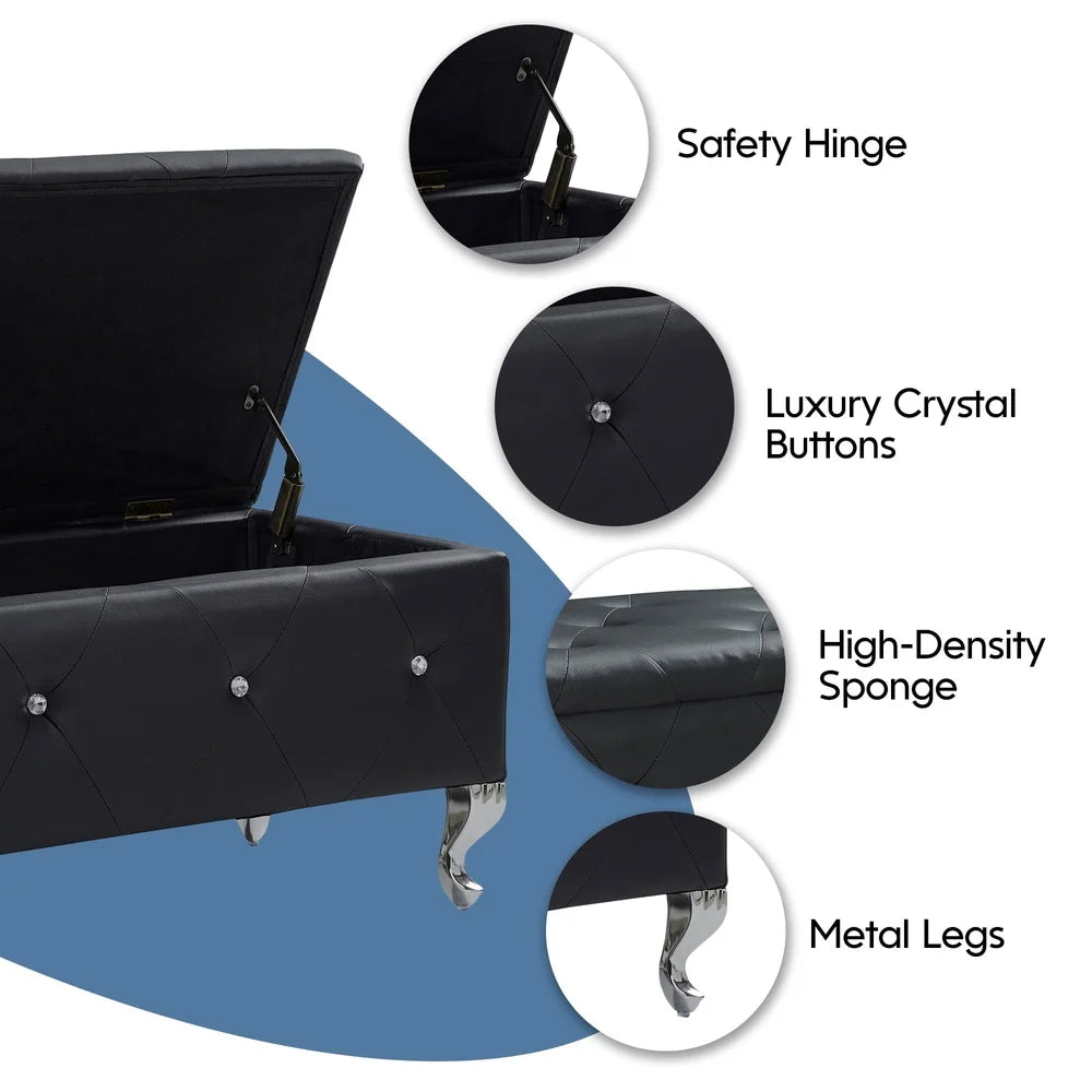 Versatile Storage Ottoman Bench with Crystal Buttons Bedroom Living Room Entryway Stylish Upholstered Footrest Easy Assembly