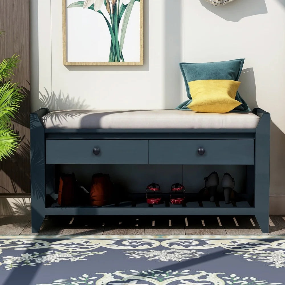 Vintage Storage Bench with 2 Drawers Soft Cushion Entryway Shoe Rack Antique Navy Durable Wood Construction Easy Assembly