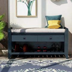 Vintage Storage Bench with 2 Drawers Soft Cushion Entryway Shoe Rack Antique Navy Durable Wood Construction Easy Assembly