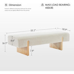 Solid Wooden Bench for Bedroom, 55'' Linen Fabric End of Bed Bench Queen Size, Modern Accent Entryway Bench