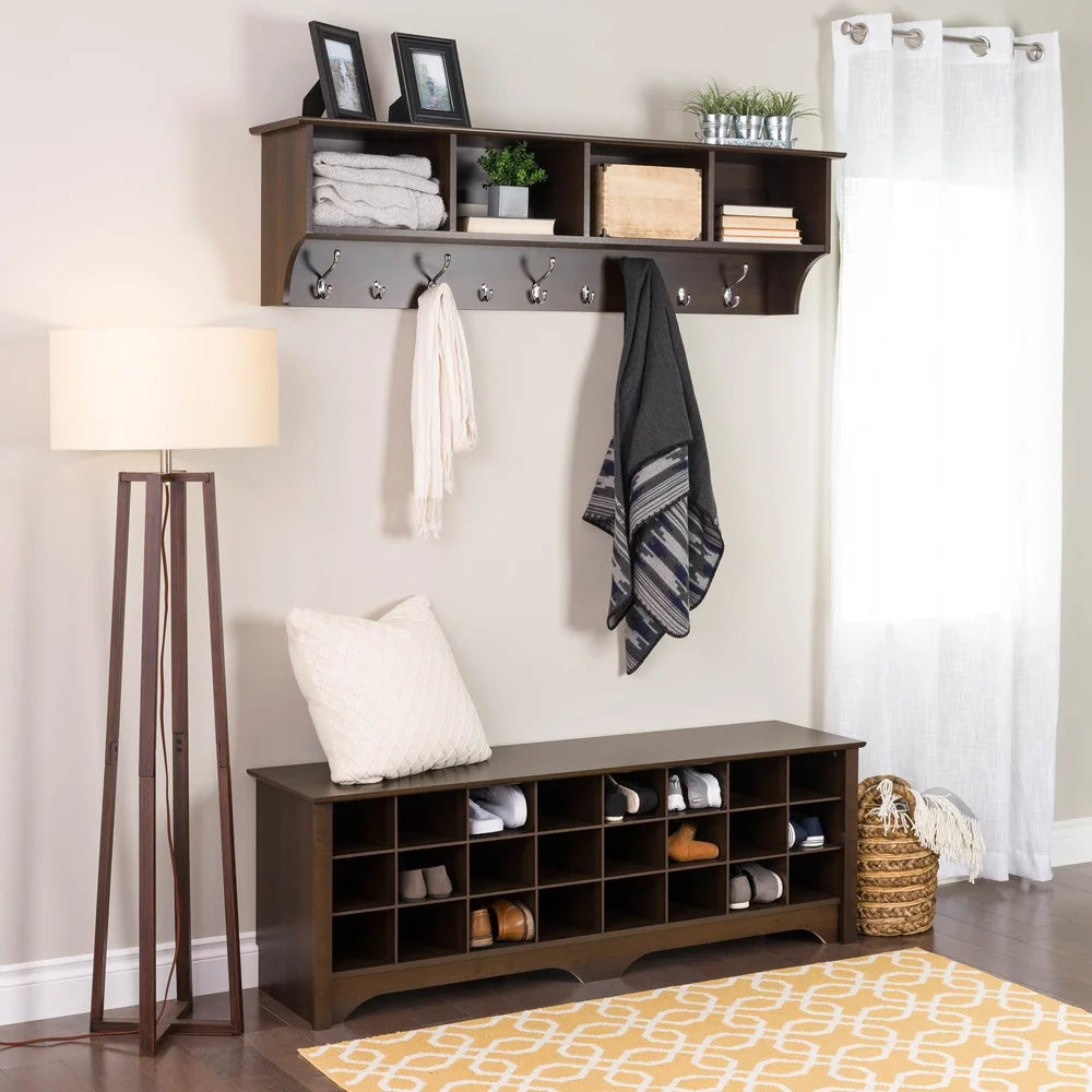 Espresso Entryway Shoe Storage Bench with 24 Cubbies Comfortable Seating Compact Organizer Indoor Use Easy Assembly