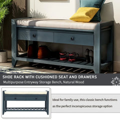 Vintage Storage Bench with 2 Drawers Soft Cushion Entryway Shoe Rack Antique Navy Durable Wood Construction Easy Assembly