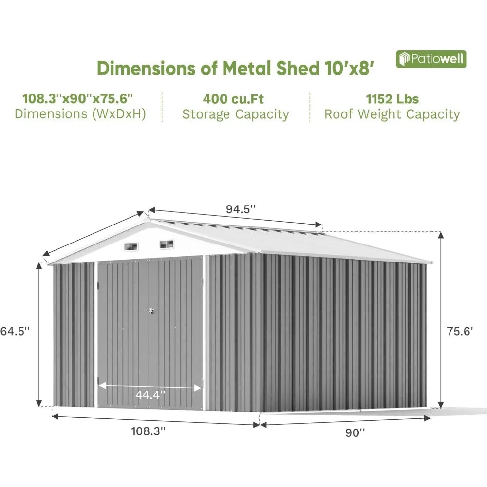 Large Outdoor Storage Shed - 10x8 Feet Metal Garden Tool Shelter with Sloping Roof and Double Lockable Entrance