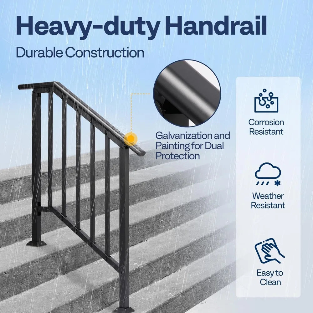 2-Pack 3 Step Galvanized Steel Hand Rails for Outdoor Steps – Black Oval and Safety Balusters Exterior Railing for Porch, Deck,