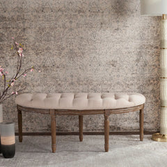 Rustic Semi Circle Bench Tufted Linen Upholstered Durable Wood Frame Indoor Seating Classic Home Decor 550 lbs Capacity
