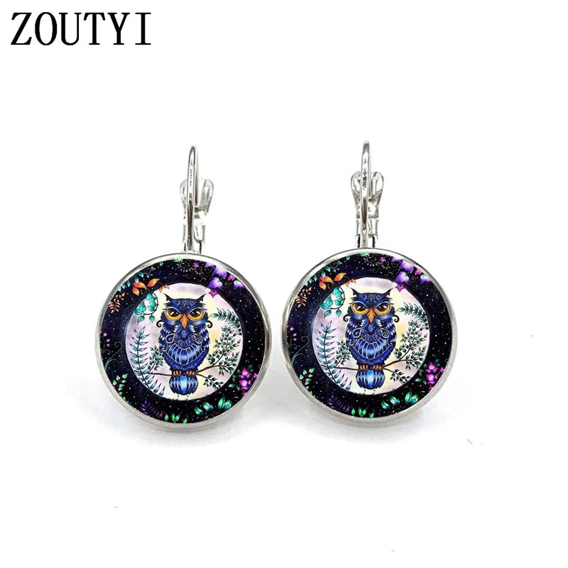 New/hot-selling owl flower pattern earrings, convex glass inlay earrings, men and women wear jewelry.