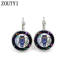 New/hot-selling owl flower pattern earrings, convex glass inlay earrings, men and women wear jewelry.