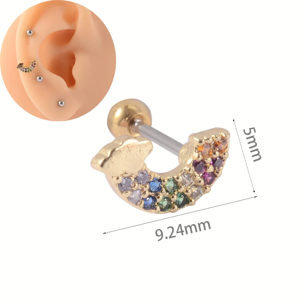 1Pc Stainless Steel Wolf Ear Tragus Cartilage Stud CZ Gem Leaf Rainbow Snake Barbell Helix Earring Lobe Studs Piercing Jewelry