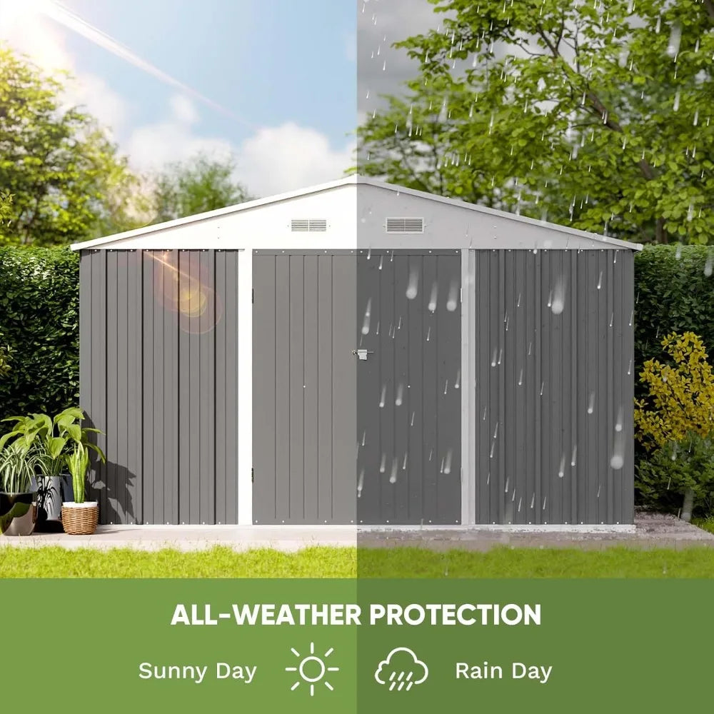 Large Outdoor Storage Shed - 10x8 Feet Metal Garden Tool Shelter with Sloping Roof and Double Lockable Entrance