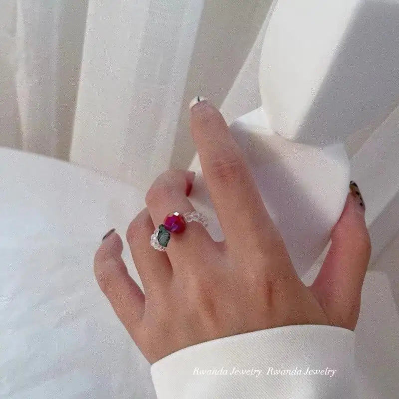 Korean Fruit Elastic Crystal Rings Colorful Cute Ins Style Simple Design Fruit Beads Ring Wholesale Women Jewelry for Girls
