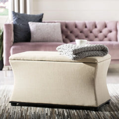 Transitional Glam Upholstered Storage Bench Flip Top Indoor Furniture Durable Wood Frame Beige Linen Fabric 240lbs Capacity