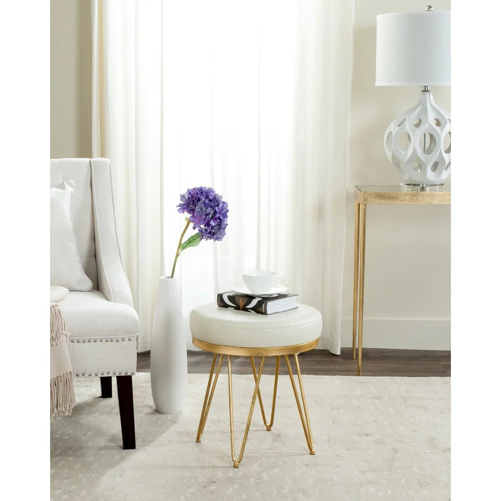 Mid-Century Round Faux Ostrich Bench Cream Upholstered Gold Frame Indoor Seating Durable Cushioned Accent Furniture 275 lbs