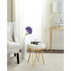 Mid-Century Round Faux Ostrich Bench Cream Upholstered Gold Frame Indoor Seating Durable Cushioned Accent Furniture 275 lbs