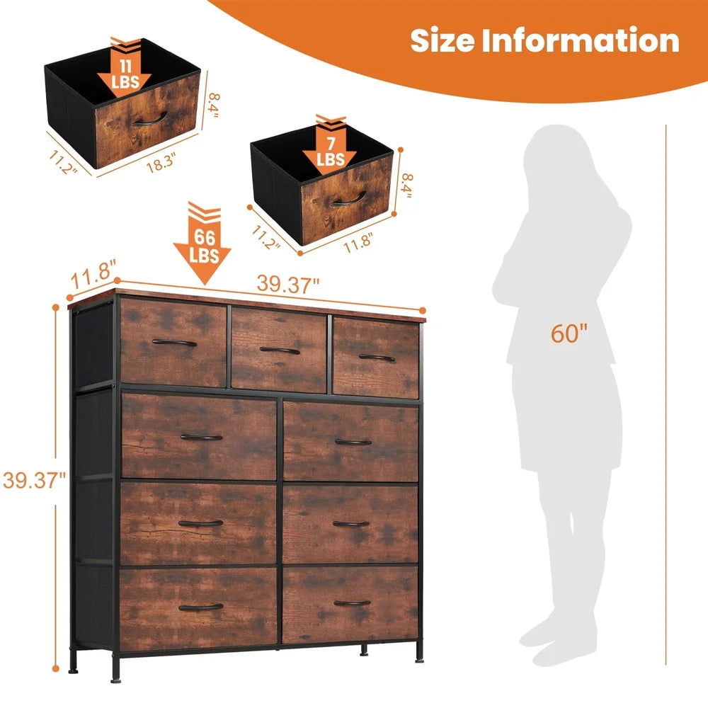 9 Drawer Dresser Fabric Storage Cabinet Rustic Home Office Organizer Eco-Friendly MDF Easy Assembly Modern Design