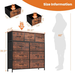 9 Drawer Dresser Fabric Storage Cabinet Rustic Home Office Organizer Eco-Friendly MDF Easy Assembly Modern Design