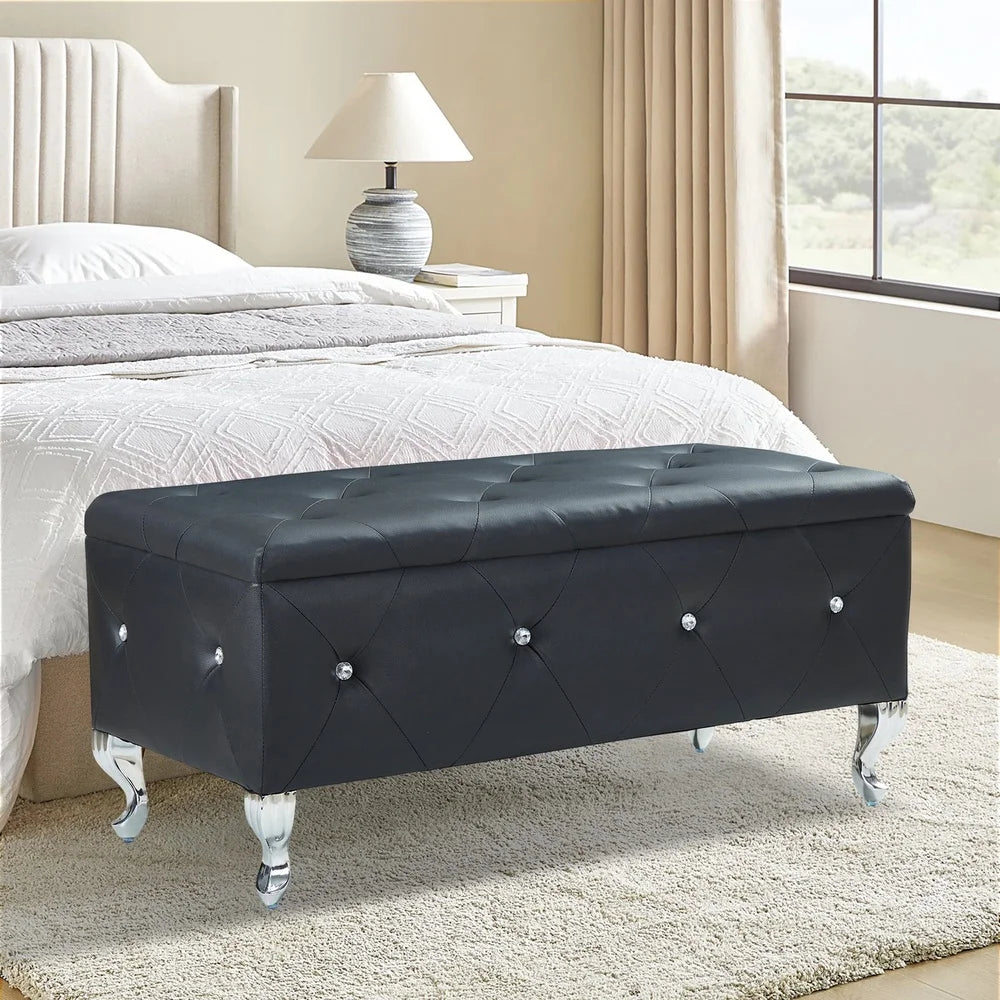 Versatile Storage Ottoman Bench with Crystal Buttons Bedroom Living Room Entryway Stylish Upholstered Footrest Easy Assembly