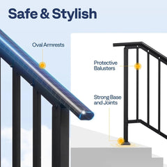 2-Pack 3 Step Galvanized Steel Hand Rails for Outdoor Steps – Black Oval and Safety Balusters Exterior Railing for Porch, Deck,