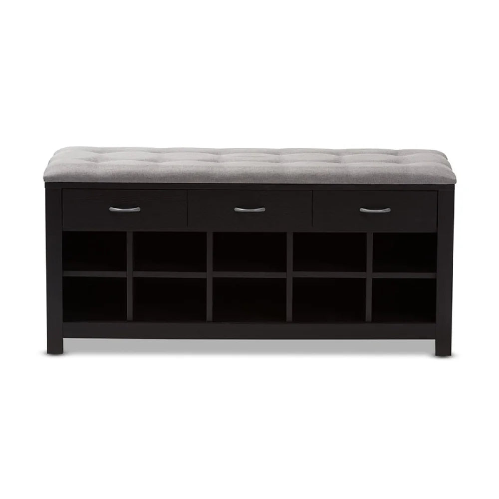 Contemporary Entryway Bench with Shoe Storage Cushioned Seat and Drawers Foam Padded Gray Fabric Upholstered Indoor Furniture