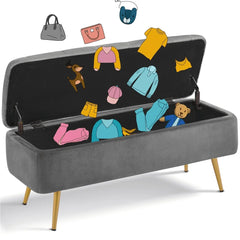 Modern Velvet Upholstered Storage Bench with Metal Legs Indoor Use Soft Touch High Density Foam Quick Assembly Large Capacity