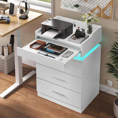 White Nightstand Set of 2,LED Night Stand with Charging Station & Pull-Out Tray,Bedside Table with Drawers,Modern End Table 2PCS