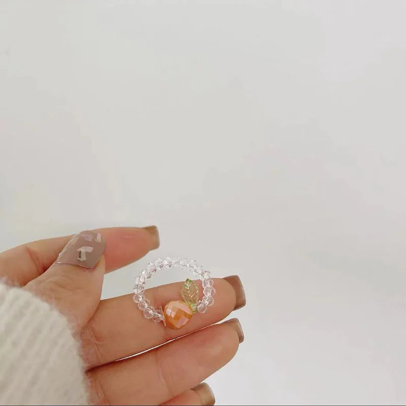 Korean Fruit Elastic Crystal Rings Colorful Cute Ins Style Simple Design Fruit Beads Ring Wholesale Women Jewelry for Girls