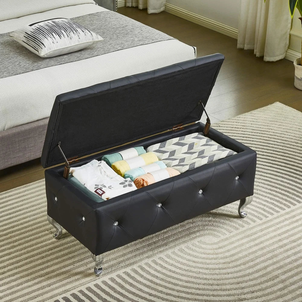 Versatile Storage Ottoman Bench with Crystal Buttons Bedroom Living Room Entryway Stylish Upholstered Footrest Easy Assembly